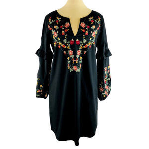 BRAVE Dresses - BRAVE Long Sleeve Blk Dress w Embroidered Flowers BRAVE Dresses - BRAVE Long Sleeve Blk Dress w Embroidered Flowers